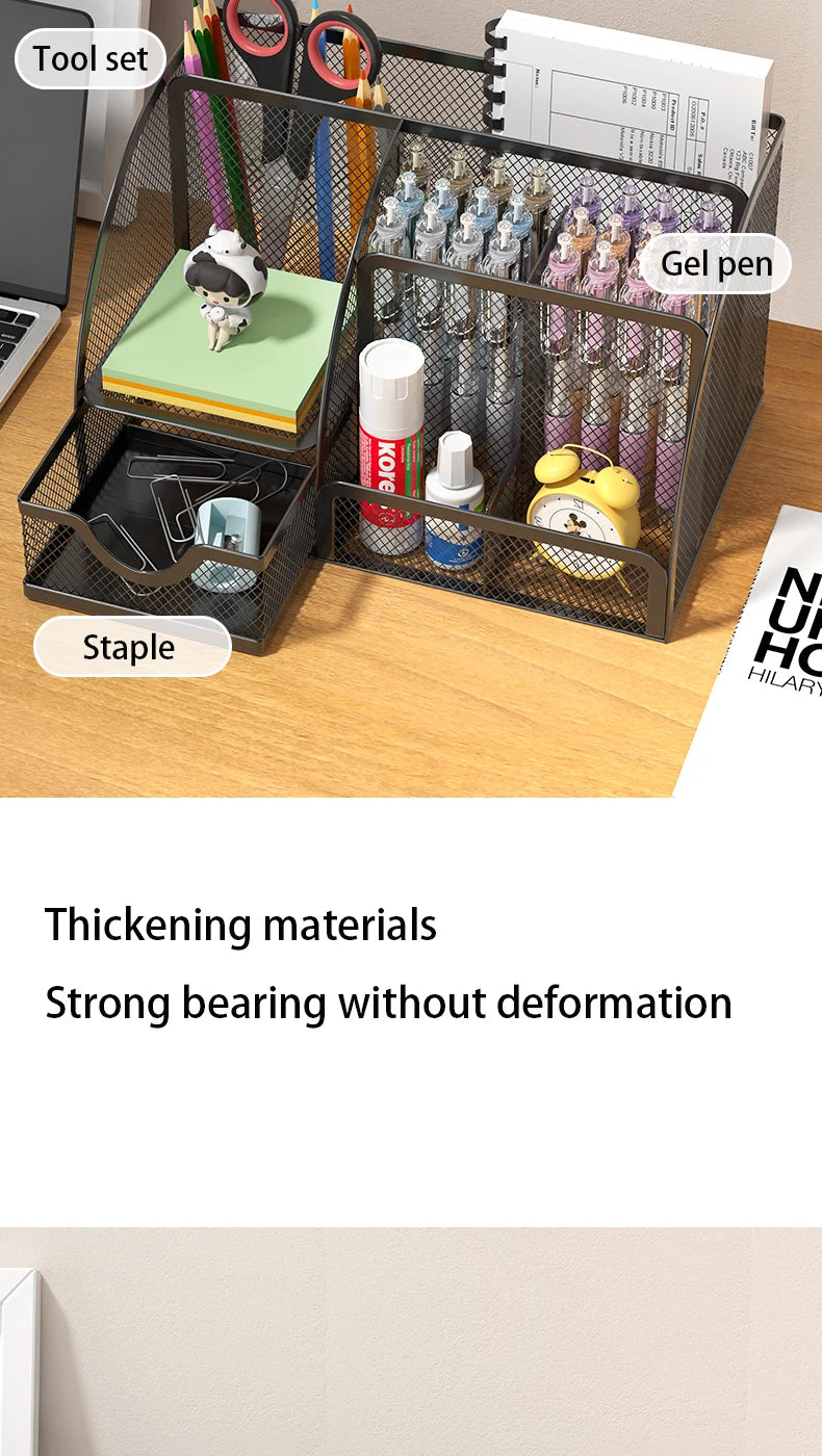 Mesh Pen Holder and Organizer Office Supplies with 7 Compartments, Desktop Organizer with Drawer, Metal Pen Holder for Desk