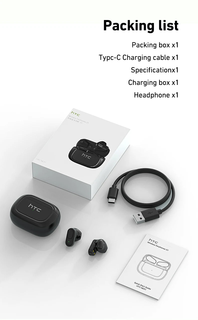 HTC NE51 Bluetooth Earphones TWS Mini EarBuds Sports Wireless Headphones Smart Noise Reduction Earbuds Green Black