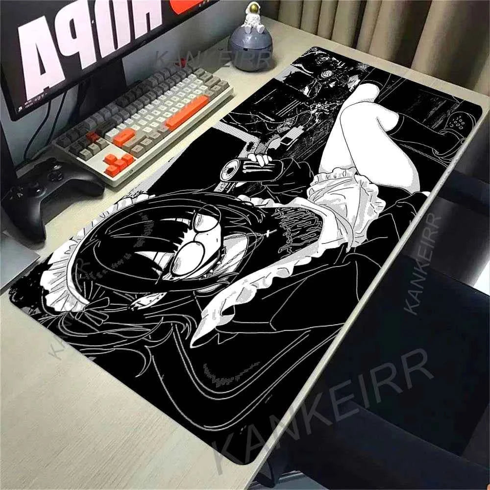 XXL Anime Girl Mouse Pad Black White Mousepad Large Gaming Keyboard Pads Office Pc Accessories Desk Mat PC Cabinet Mats Rug