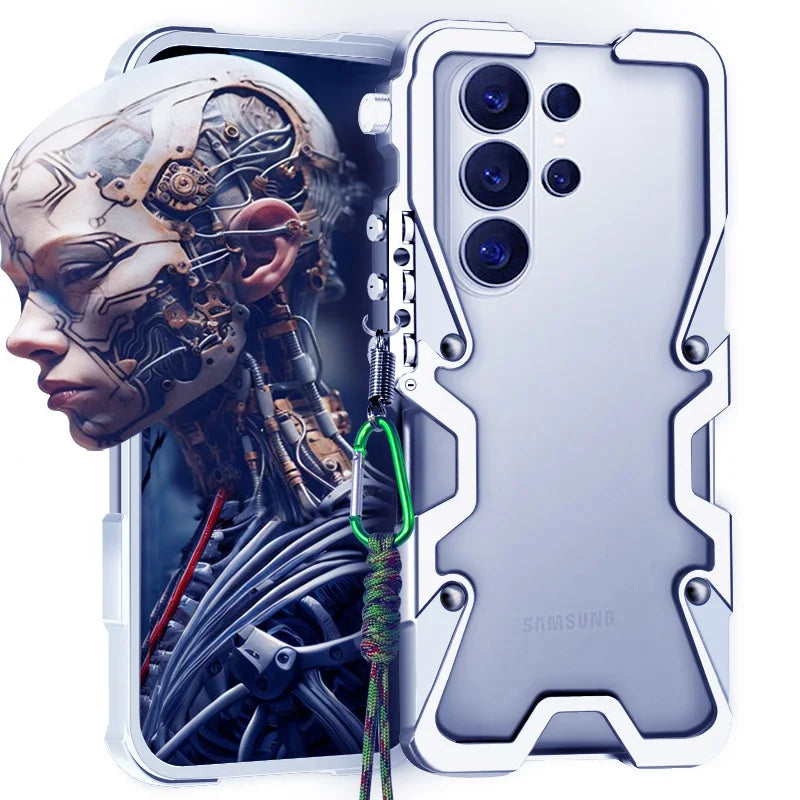 Luxury Armor Metal Aluminum Phone Bumper For Samsung Galaxy S26 S25 S24 Ultra + FE Cover Mechanical Purely Handmade Skull Case