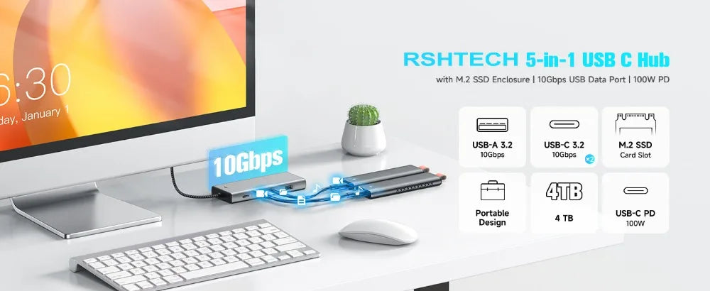 RSHTECH M.2 NVMe/SATA SSD Enclosure 5-in-1 Aluminum 10Gbps USB C Hub with 3 USB 3.2 Data Ports 100W Power Delivery and M2 SSD Docking Station External USB-C to M.2 Caddy for Laptops MacBook