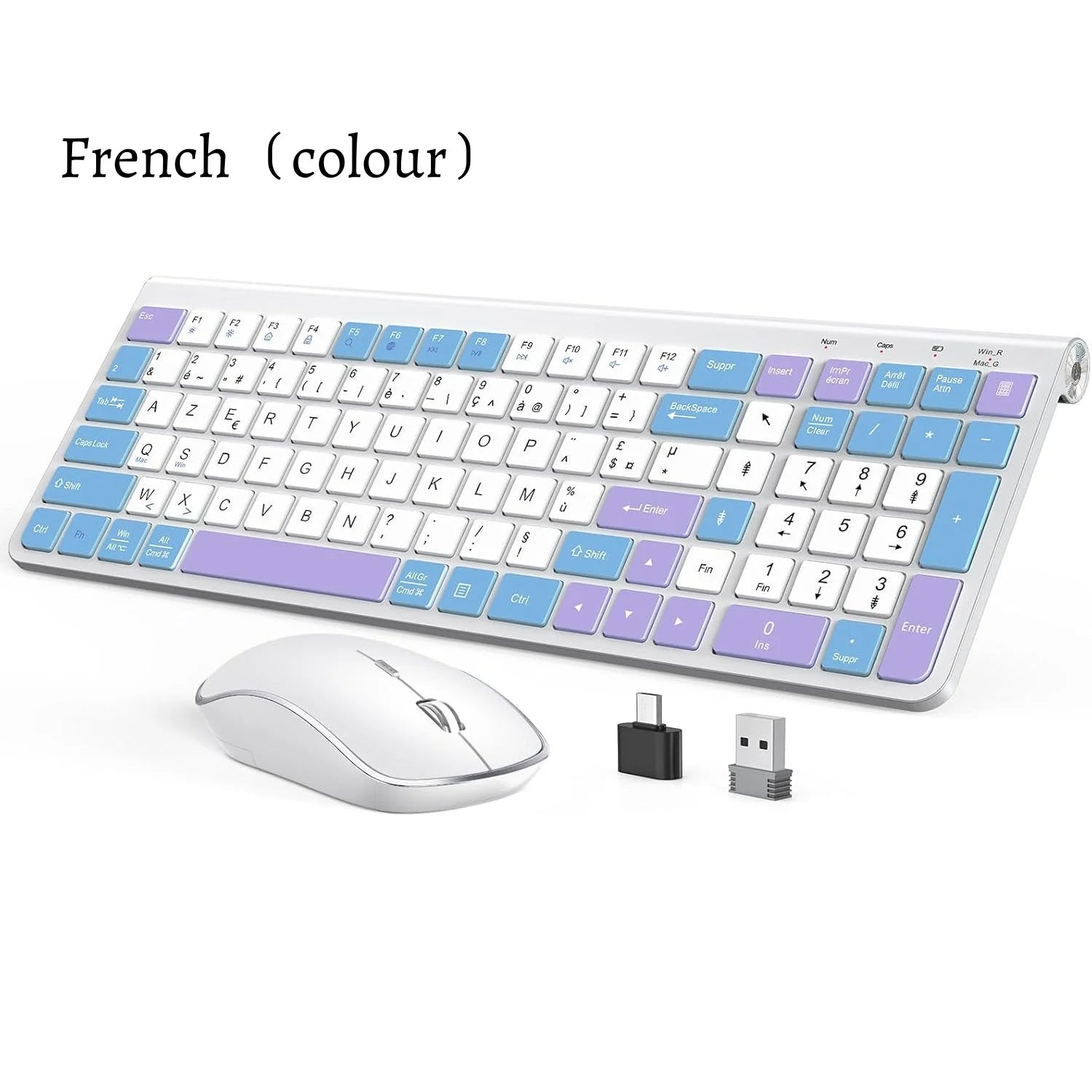 Ergonomic wireless keyboard and mouse, ultra-thin and compact design French AZERTY/ American QWERTY quiet,USB-A and USB-C ports.