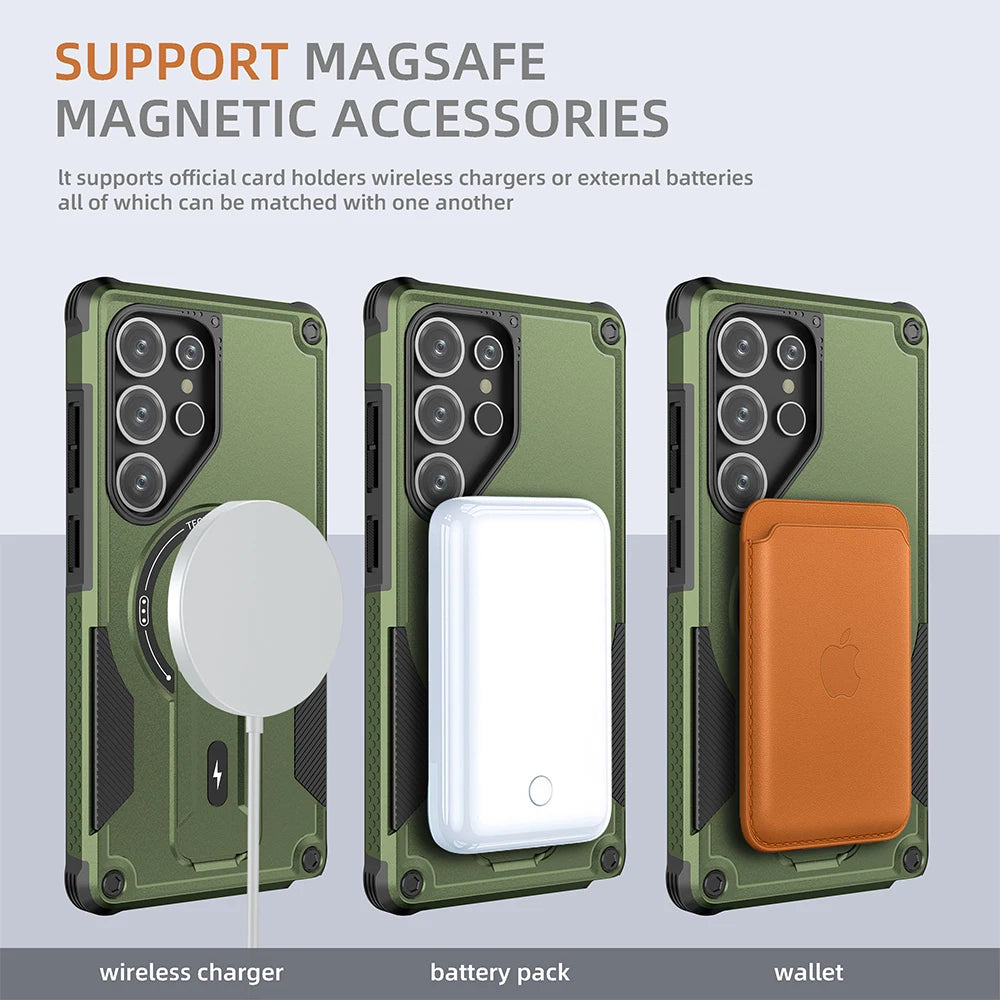Fold Stand Holder Magnetic Armor Case For Samsung S25 Ultra S24 Plus Wireless Charging Invisible Bracket Shockproof Hard Cover