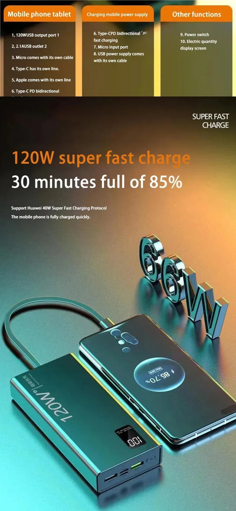 50000mah Power Bank 120W Fast Charging Built-in Cable External Large Battery Portable Charger For iPhone Samsung Xiaomi