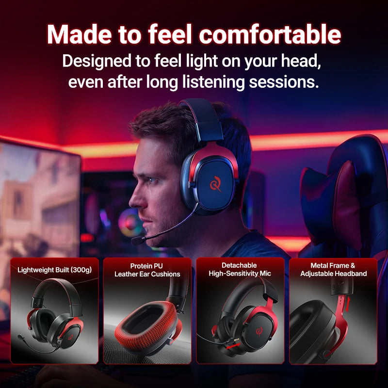 QCY Heroad VT200 Wireless Gaming Headset Detach Mic Over ear Headphone Tri-Mode 7.1 Surround Sound for PC/PS4/PS5 Headset Gamer