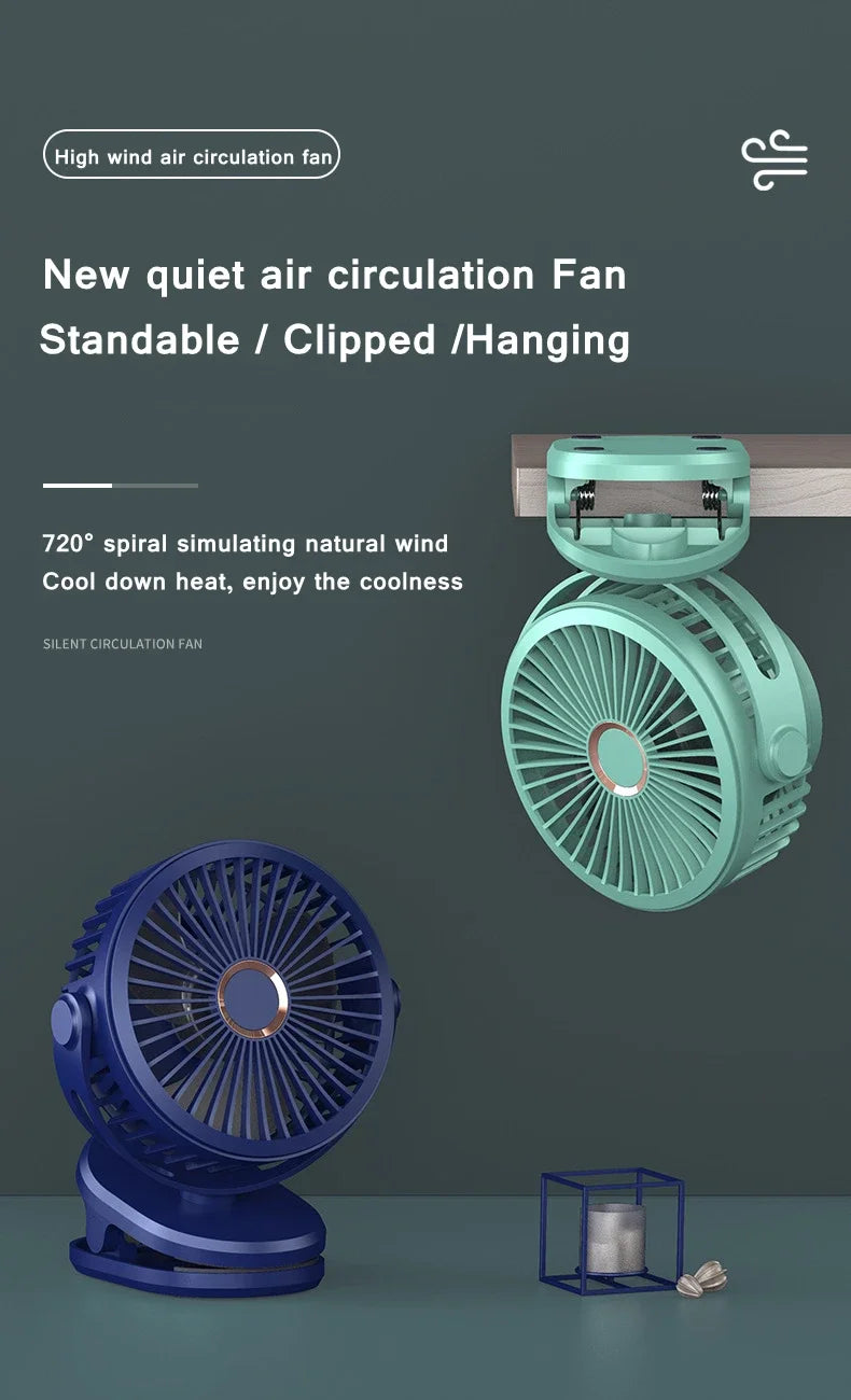 Mini 10000mAh Chargeable Clipped Fan 360° Rotation 4-speed Wind USB Desktop Ventilator Silent Air Conditioner for Bedroom Office