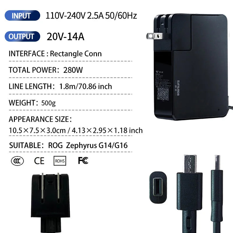 SAVAGO 20V10A 200W AC Adapter Laptop Power for ASUS ROG Zephyrus G14 2024 GA403 GaN Charger for Rog G16 2024 GU605