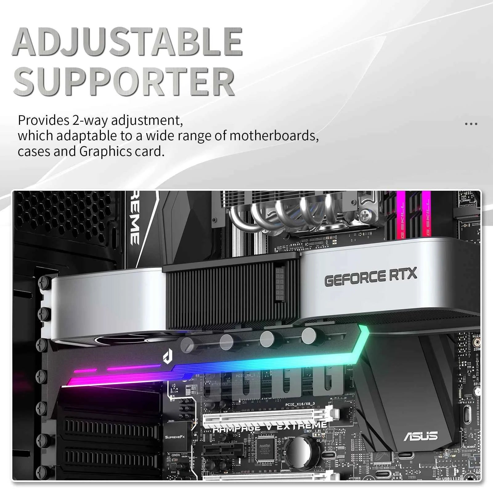 Computer Graphics Card/GPU Bracket, ARGB, Made Of Aluminum Alloy Material, Horizontally Installed, And Adjustable By Sliding.