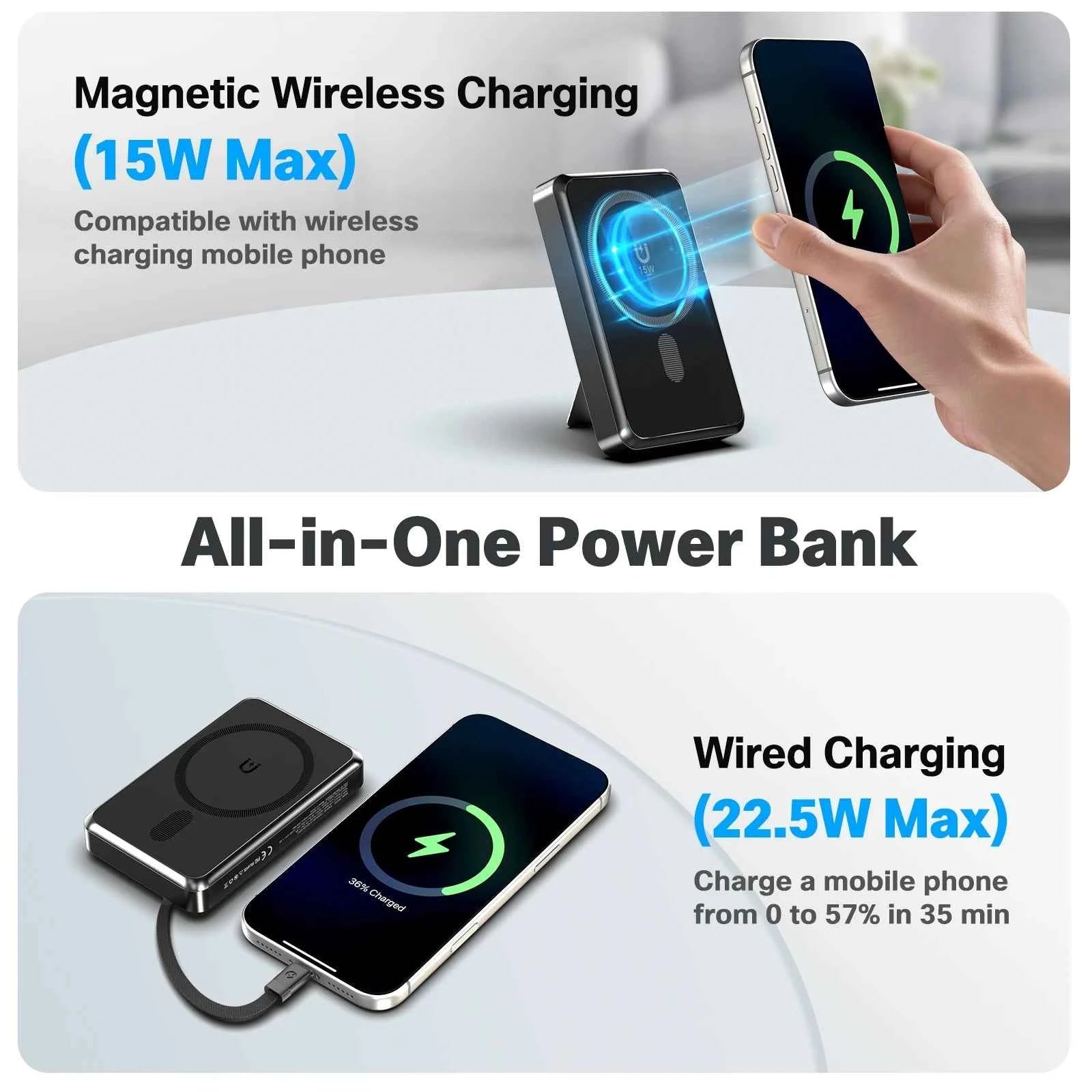10000mAh Magnetic Wireless Power Bank PD22.5W Fast Charging External Battery Dual-Port Built-in Type-C For iPhone  Airpods Watch