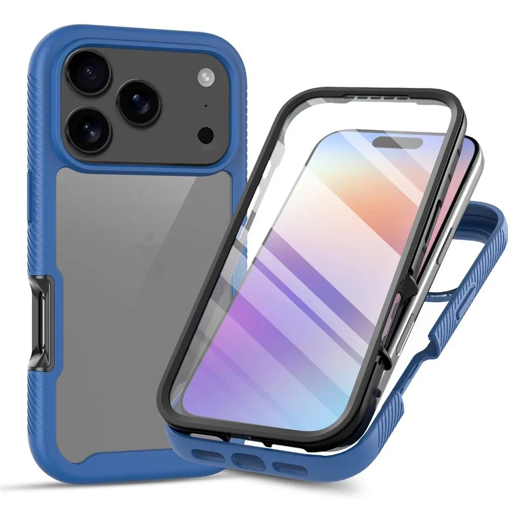 360 Full Body Protection Armor Clear Phone Case For iPhone 17 16 15 14 13 Pro Max Air 16e Plus Front Screen Shockproof Cover