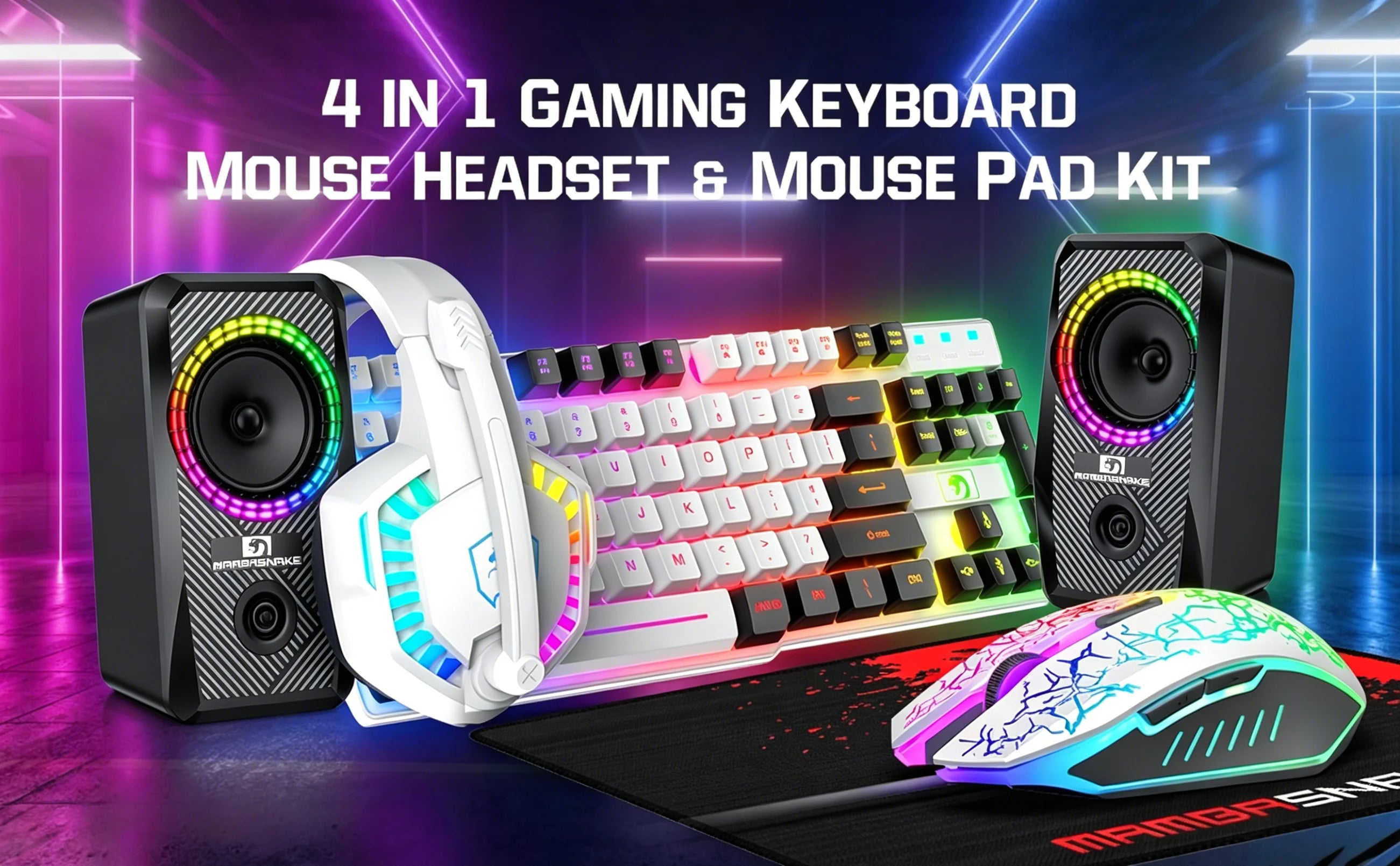 MAMBASNAKE T11 5-IN-1 Wired Rainbow LED Backlit Keyboard and Mouse, Over Ear Headphone with Mic, Gaming Mice and Pad, Speaker
