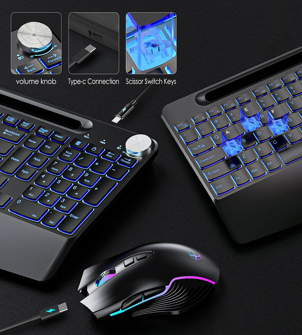 Ergonomic 2.4G Wireless Rechargeable Keyboard Mouse Set for Laptop With Color Backlit Phone Holder Wrist Rest and Jiggler Mouse