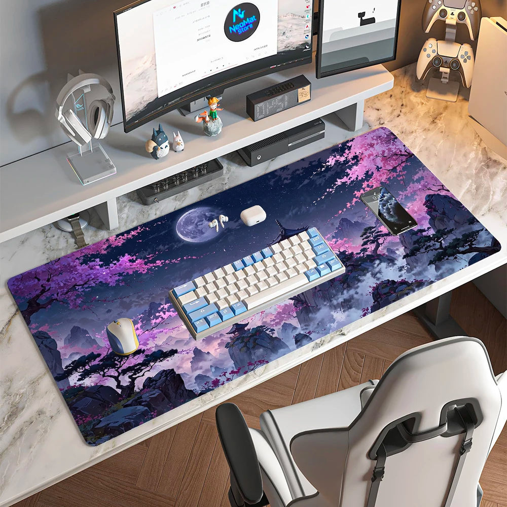 Japanese Sakura Mouse Pad Large Pc Gamer Gaming Desk Mat 900x400 Temple Blossom Mountain Moon Cherry Accessories Mousepad