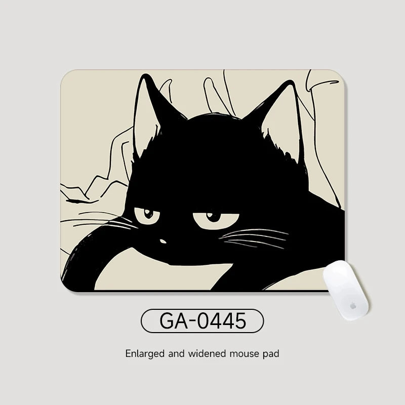 Black Cat Illustration Mouse Pad Small Office Table Mats Computer Accessories Washable Anti-slip Rubber with Precision Lock Edge