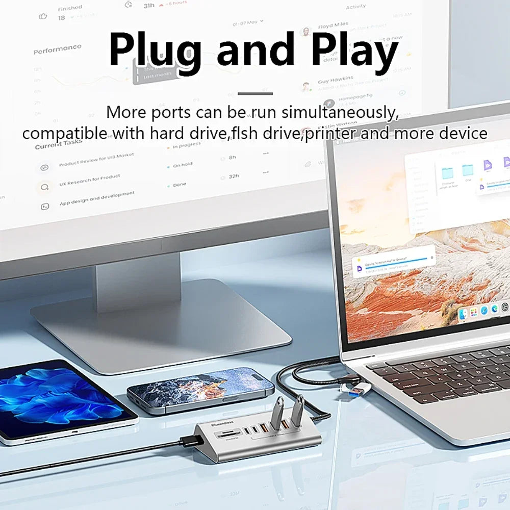 USB 3.2 10Gbps Hub USB Docking Station Type C Splitter with Card Reader Aluminum Alloy Multi 8/9 Ports Switch For PC Laptop