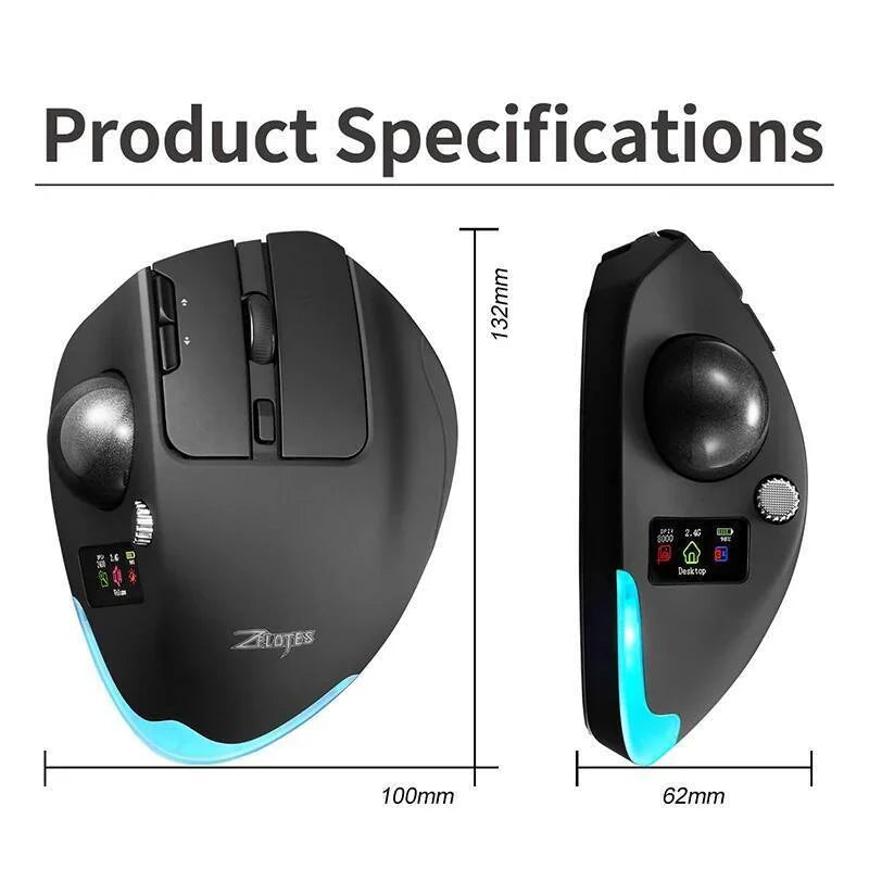 Tri-mode Wireless Trackball Mouse 8 Programmable Buttons Multifunctional Ergonomic Mice RGB Backlit Mouse with Display Screen