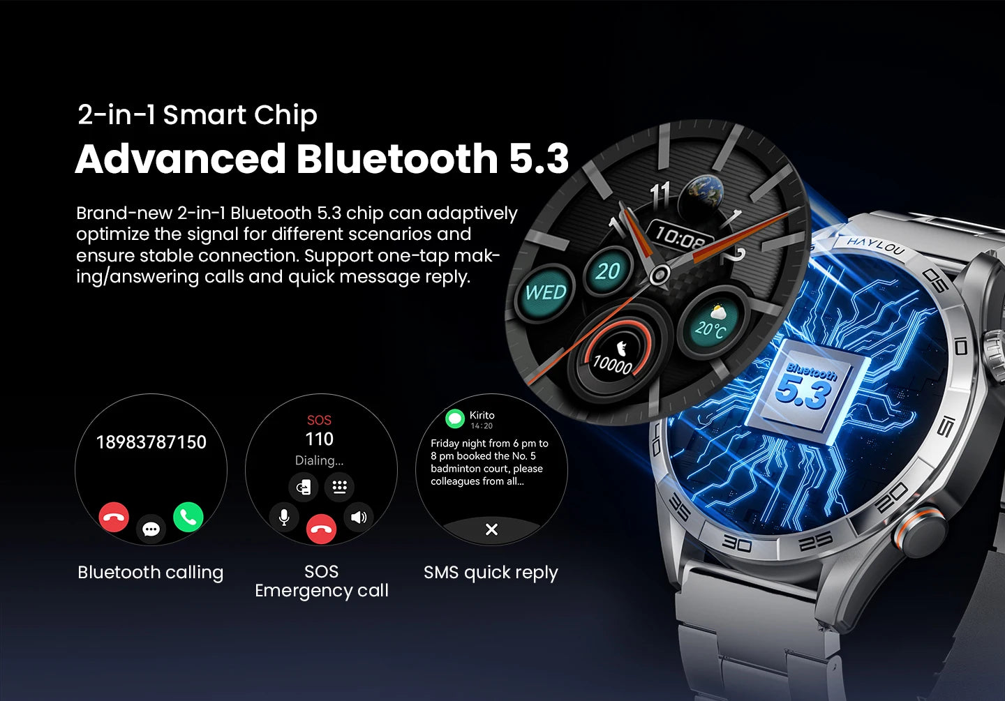 HAYLOU Solar 5 Smartwatch 1.58'' AMOLED Display 60Hz Refresh Rate 24H Health Monitoring Voice Calling 100+ Sports Modes Black/Silver