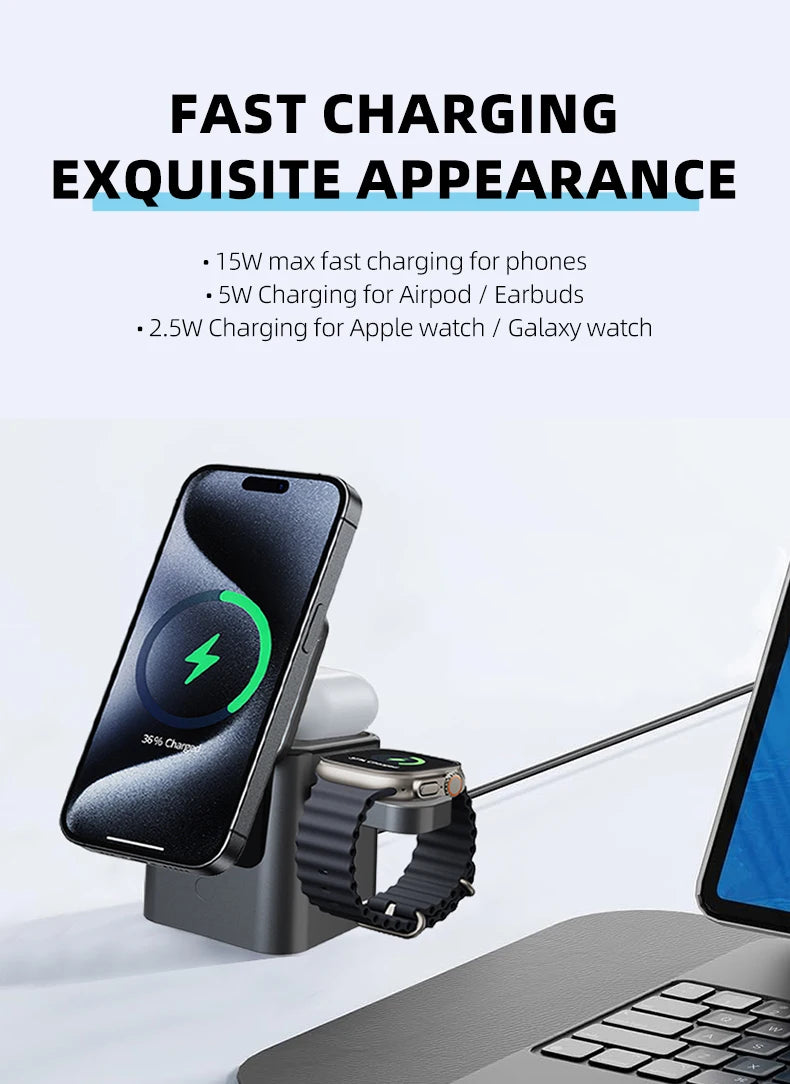 Magnetic 3 in 1 Wireless Charger Station Foldable Cube 15w  Rotating Charging Holder for Apple 17 16 15 14 Pro Max