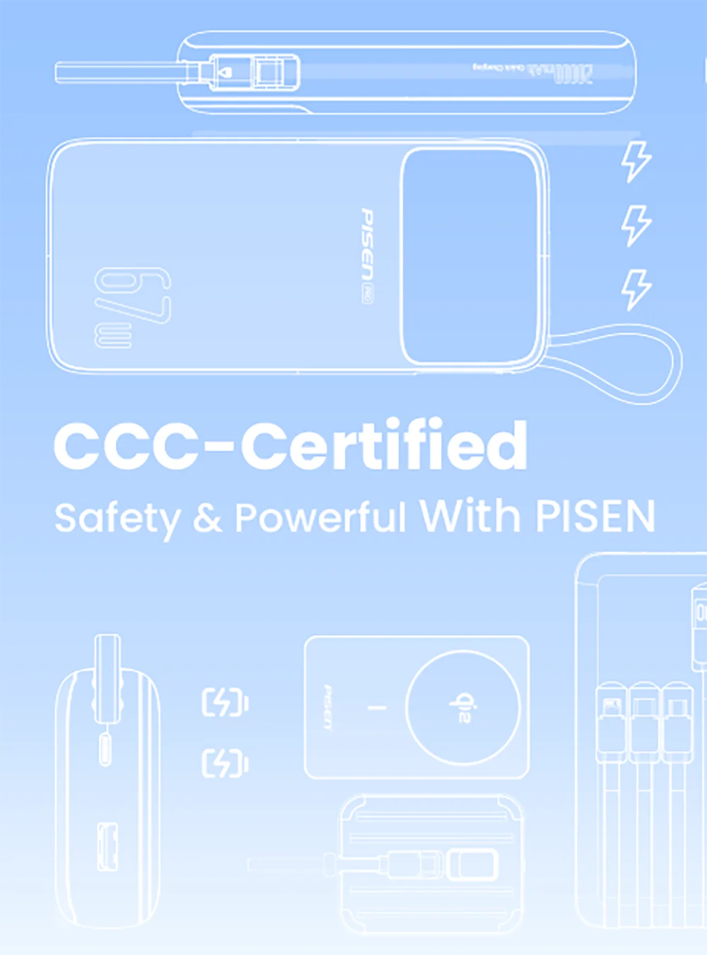 PISEN 3C Certified Power Bank 10000mAh & 20000mAh 20W Fast Charging Powerbank With 4 Built-in Cables For iPhone Samsung Xiaomi