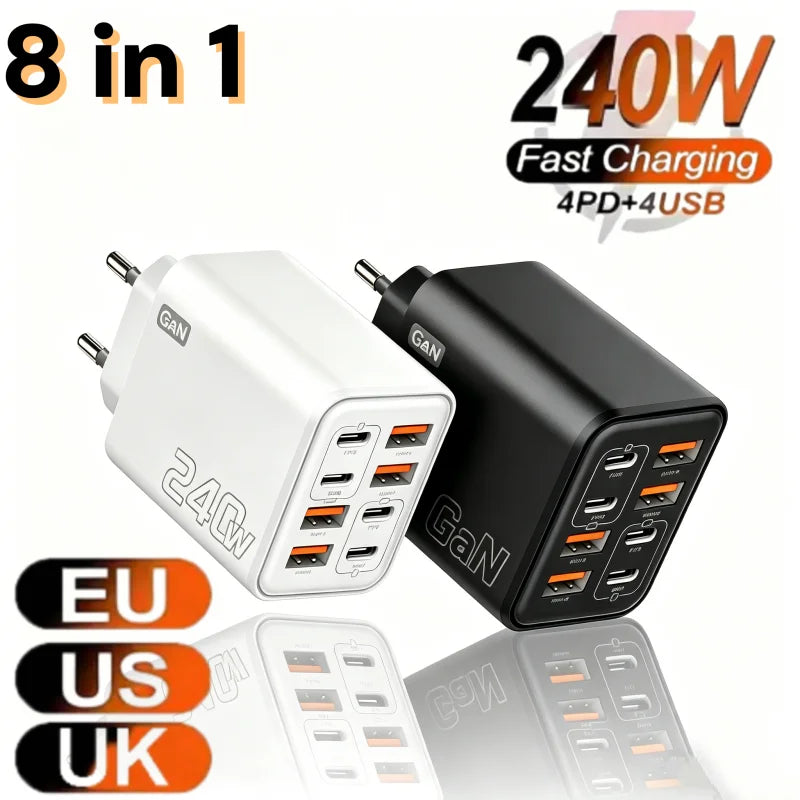 240W GaN USB C Charger 8 in 1 Fast Charging Phone Charger Power Adapter For iPhone Xiaomi Type C EU/US/UK Plug Wall Charger