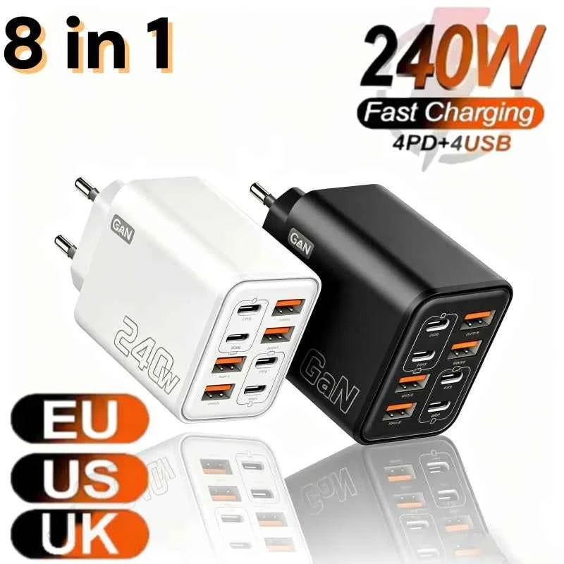 240W GaN USB C Charger 8 in 1 Fast Charging Phone Charger Power Adapter For iPhone Xiaomi Type C EU/US/UK Plug Wall Charger