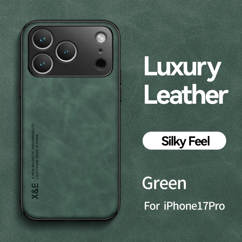 Luxury Leather Case For iPhone 17 16 15 14 13 12 11 Pro Max Plus 13 12 Mini 17 Air 16E Cover With Metal Plate Support Car Hold