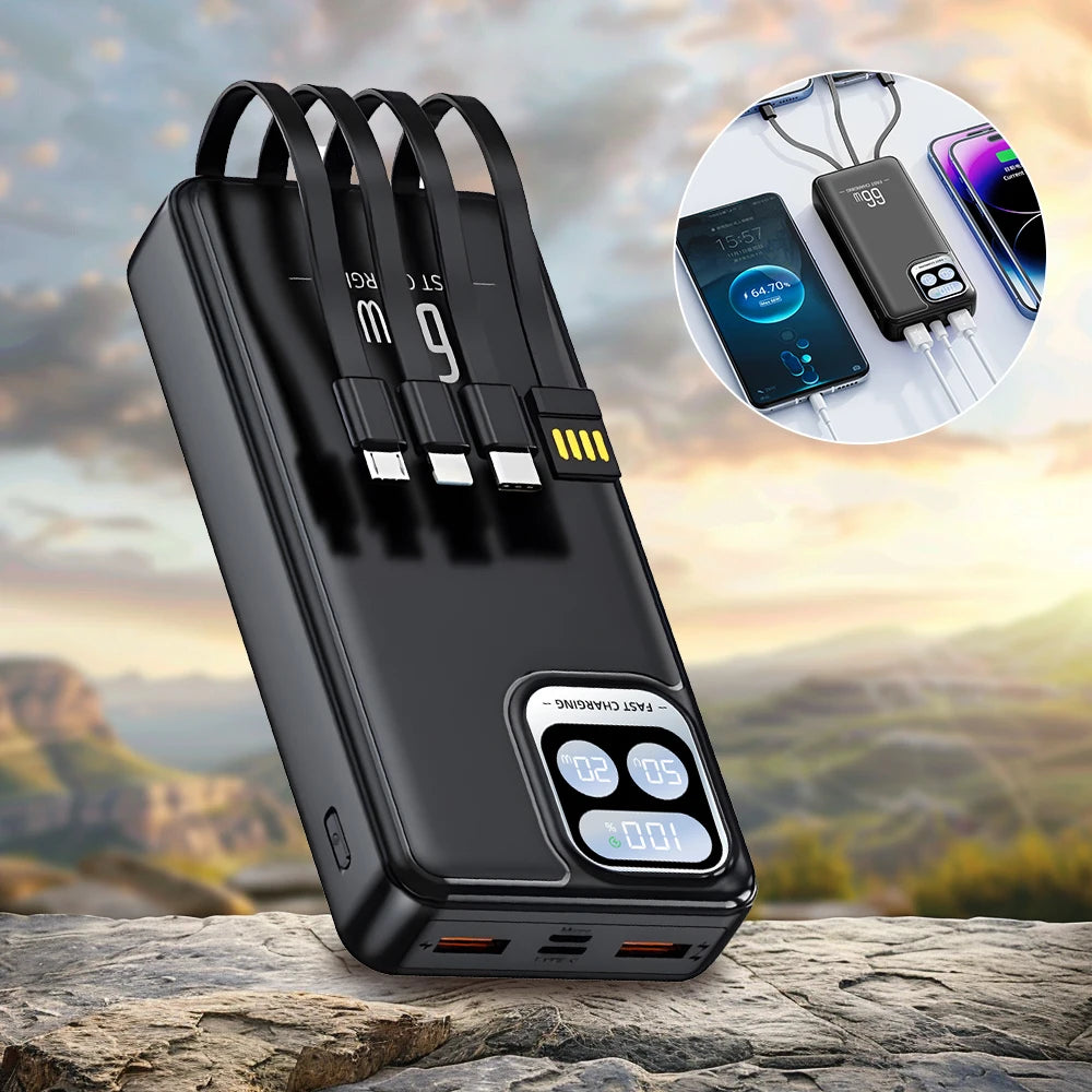 66W Fast Charging Power Bank Built-in 4 Cables LED Digital Display Portable PD20W External Battery Pack Polymer Safe Powerbank for iPhone Android Phones