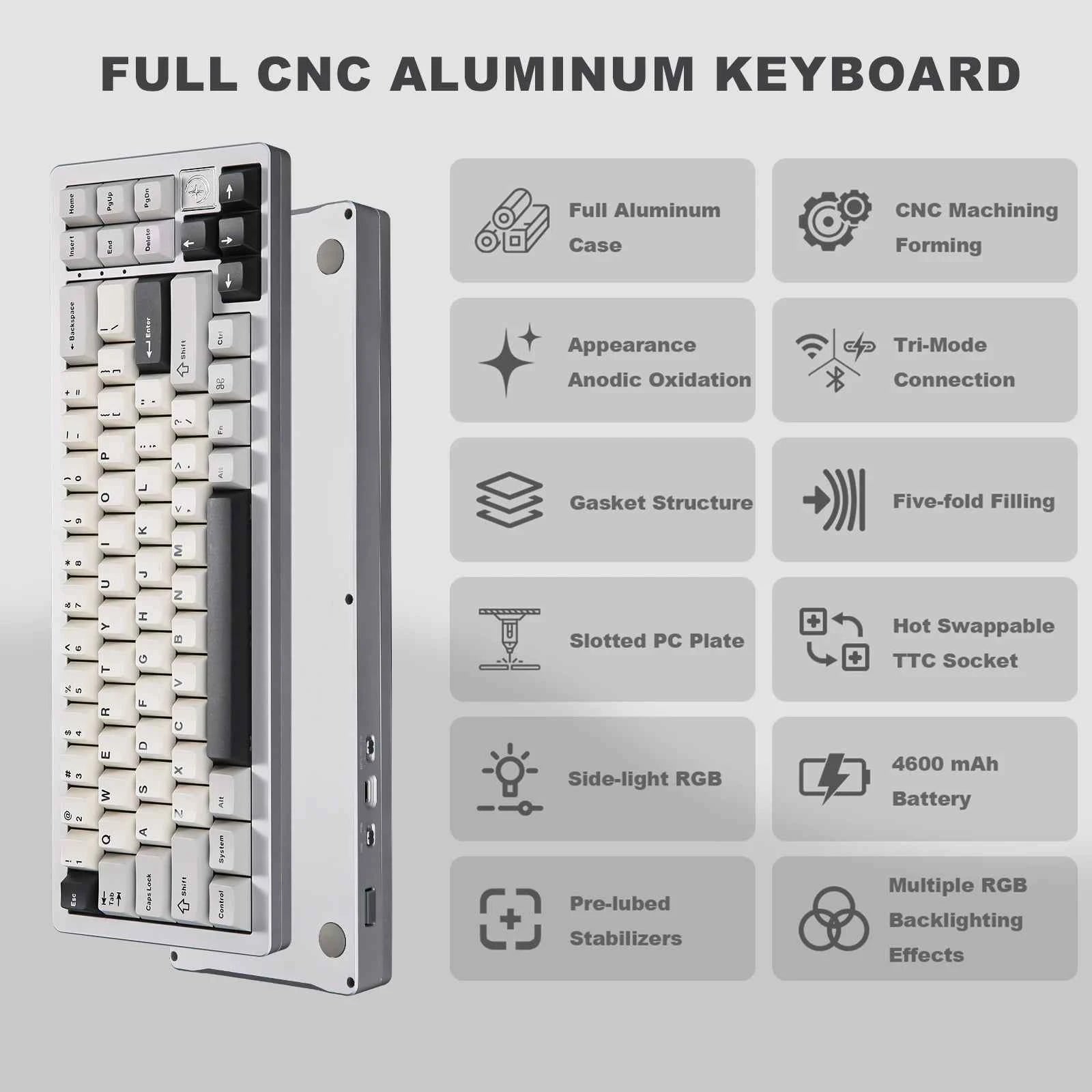 YUNZII AL71 Aluminum Mechanical Gaming Keyboard, Hot Swappable Gasket Custom RGB Wireless Keyboard, 71 Key Full CNC Study Keeb