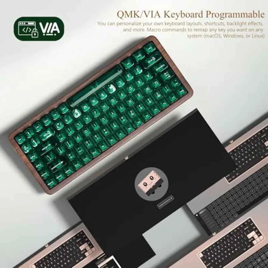 Wireless mechanical keyboard for gaming and office use wood frame natural brown 8000mAh battery life with tri-mode connectivity