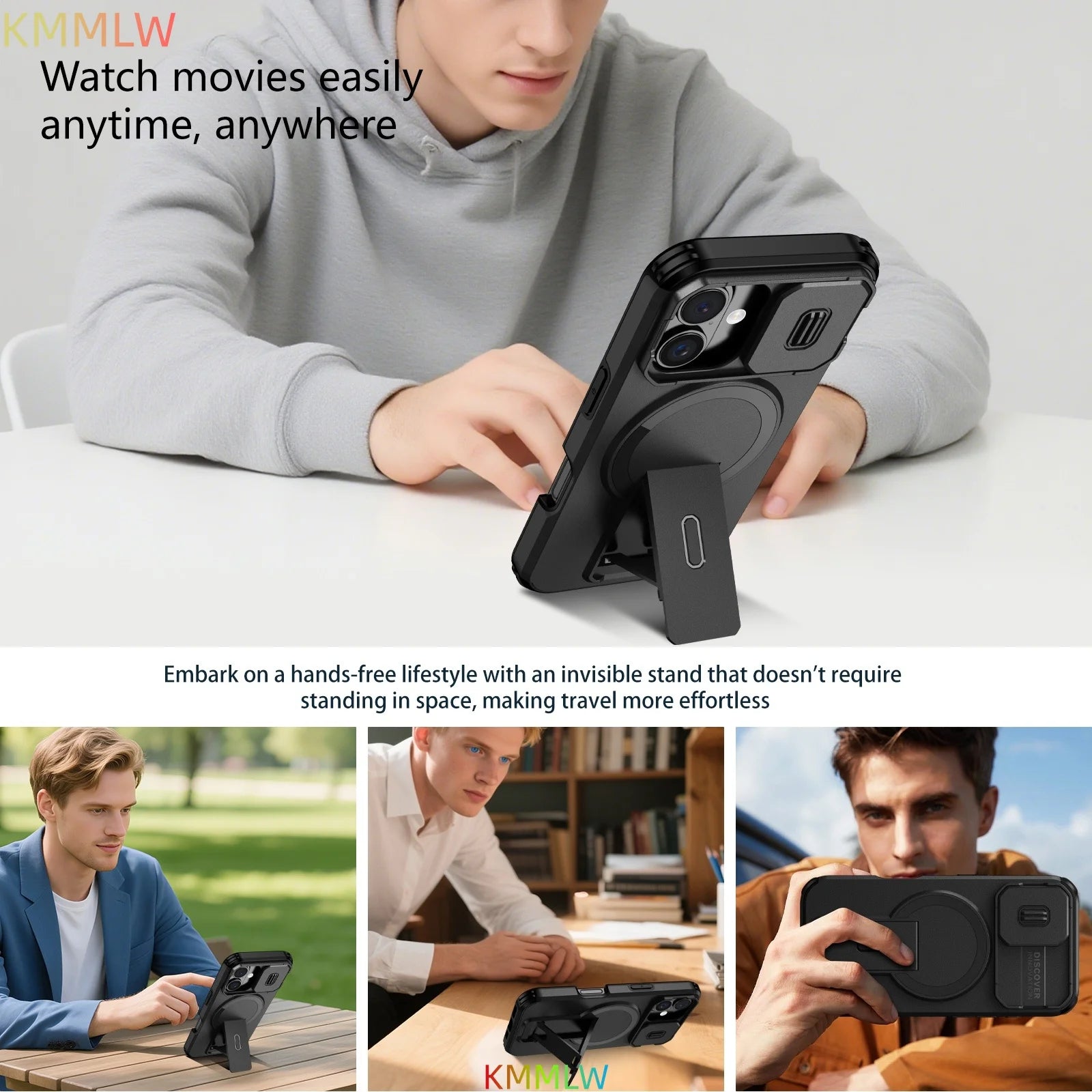 Lens Protect Camera Phone Case for iPhone 16 15 14 13 12 11 Pro Max Plus 16e Magnetic Kickstand Cover