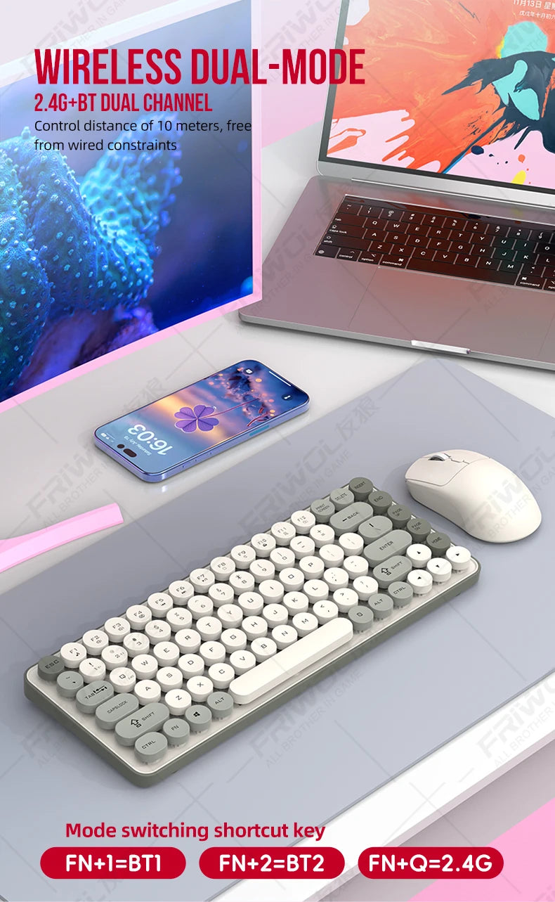 Friwol BT185 Bluetooth Wireless Keyboard Mouse Set Punk Keycap Laptop Desktop Office Mute Keyboard Mechanical Feel