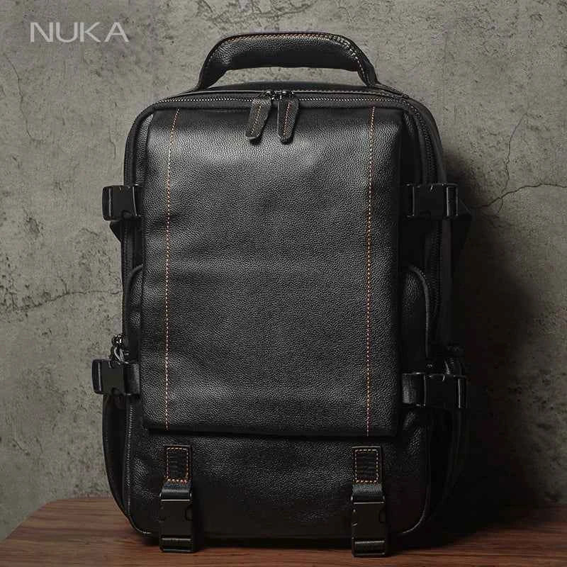 NUKA Men Top Grain Leather Backpack 15 Inch Laptop Bag For Daily Commute Travel Outdoor Hiking Genuine Leather Durable Rucksack