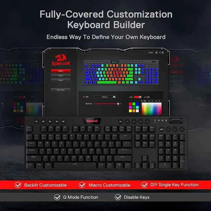 Redragon K618 Horus Wireless RGB Mechanical Keyboard, Bluetooth/2.4Ghz/Wired Tri-Mode Low Profile Gaming Keyboards