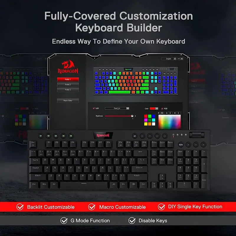Redragon K618 Horus Wireless RGB Mechanical Keyboard, Bluetooth/2.4Ghz/Wired Tri-Mode Low Profile Gaming Keyboards