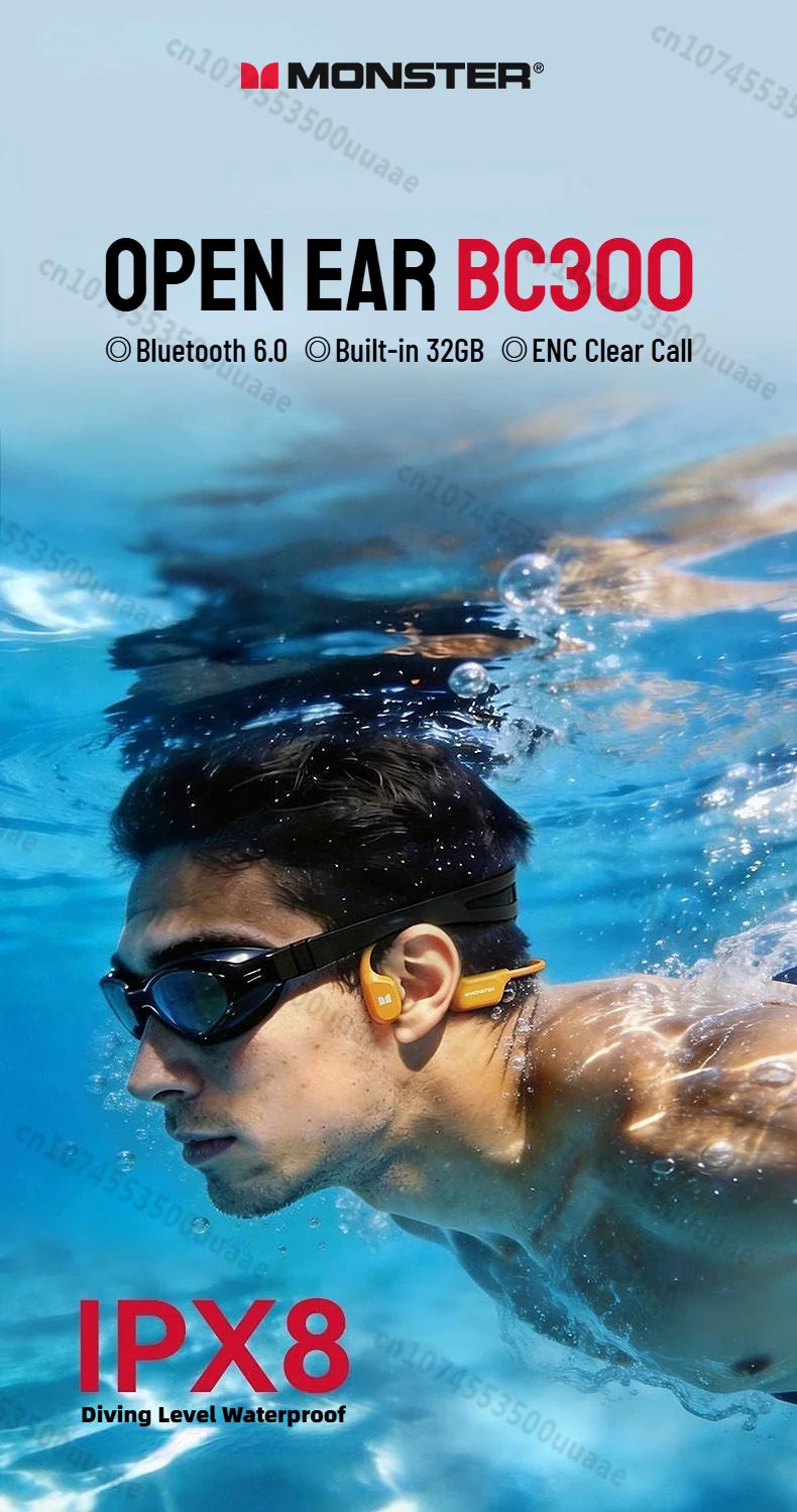 Monster BC300 Bone Conduction Bluetooth 6.0 Headphone IPX8 Waterproof Wireless Swimming Earphones Built-in 32GB Sport Earhook
