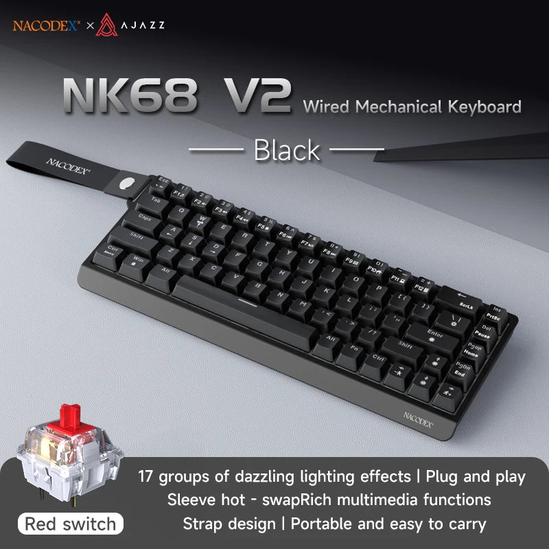 AJAZZ NK68 V2 gaming mechanical keyboard features hot-swappable keys, color backlighting, and is portable for office use