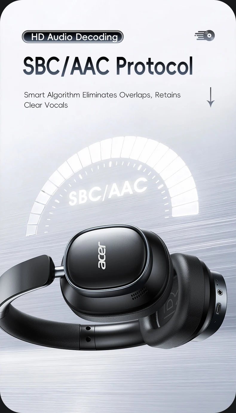Acer Ohr633 2026 New Model Wireless Bluetooth Headphones Hifi Stereo Sound Quality Anc Call Noise Reduction Foldable Adjustable Design Built-In High-Definition Microphone Gaming Headphones