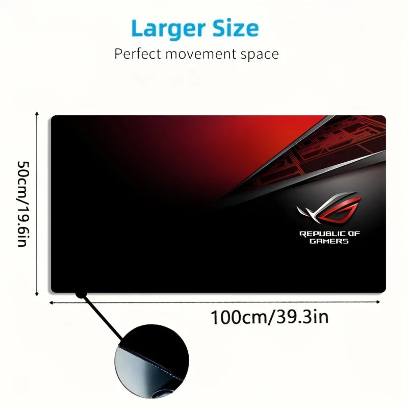 1pc Large Gaming Mouse Pad with Red Black ROG Design Non-Slip Durable Rubber Keyboard Mat for PC Office Decor XXL Desk Accessory