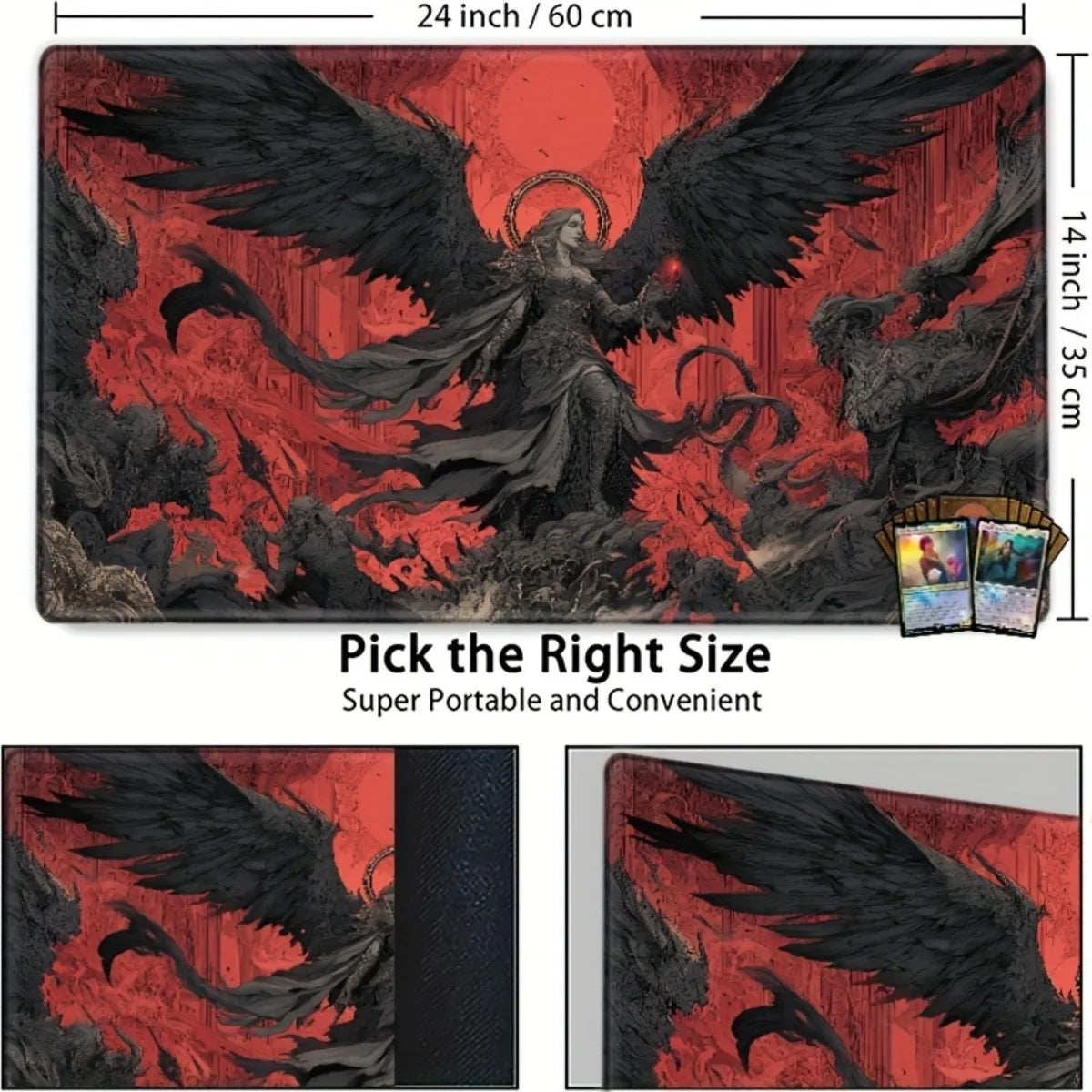 Non-Slip Rubber Red Black Gothic Mouse Pad Dark Fantasy Fallen Angel Flame Mat for TCG RPG CCG Tabletop Gaming