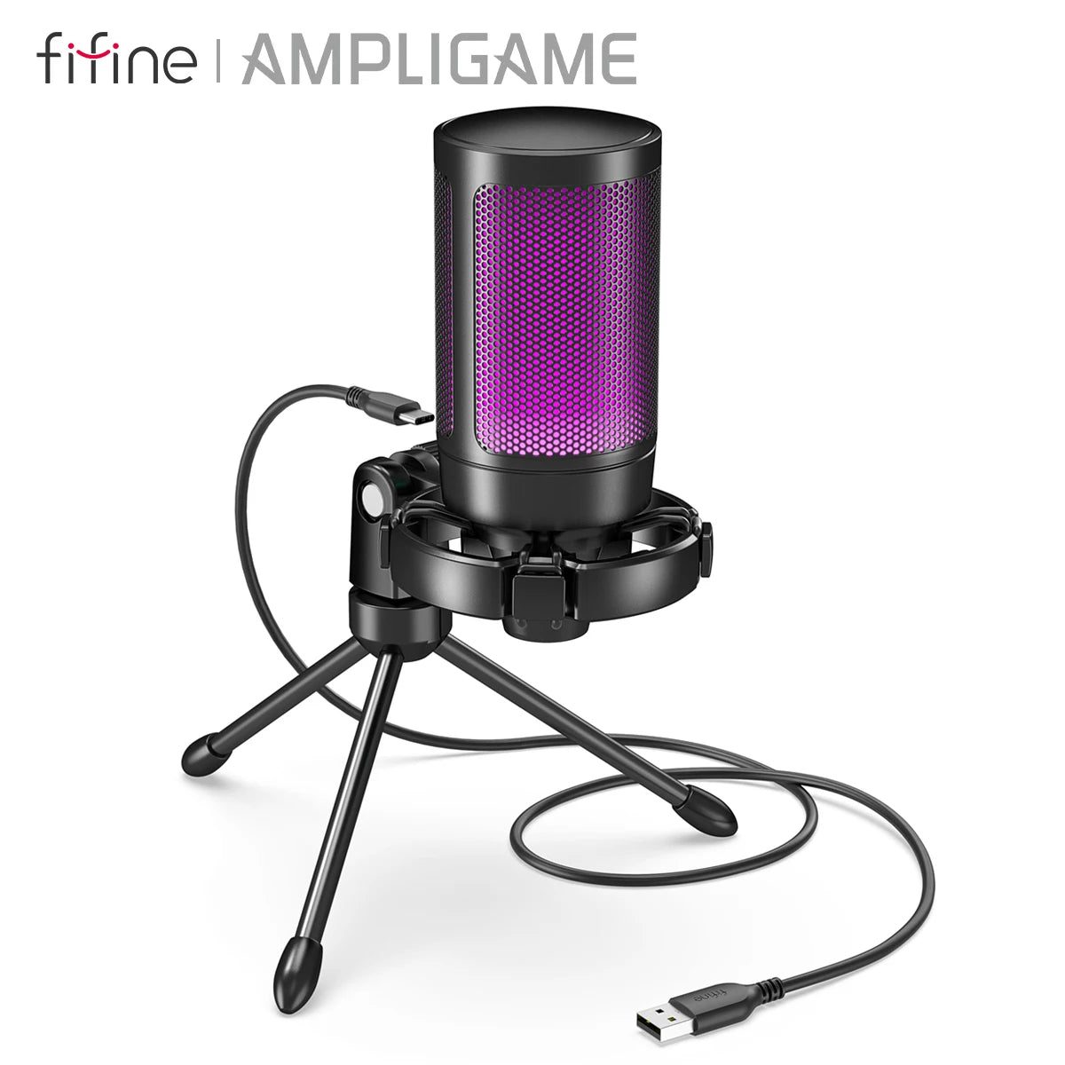 AmpliGame by FIFINE RGB USB Gaming Microphone with Light-touch Mute,Condenser Mic with Tripod for PC,PS4/5,Laptop Streaming-A2 - WinSupport Tech
