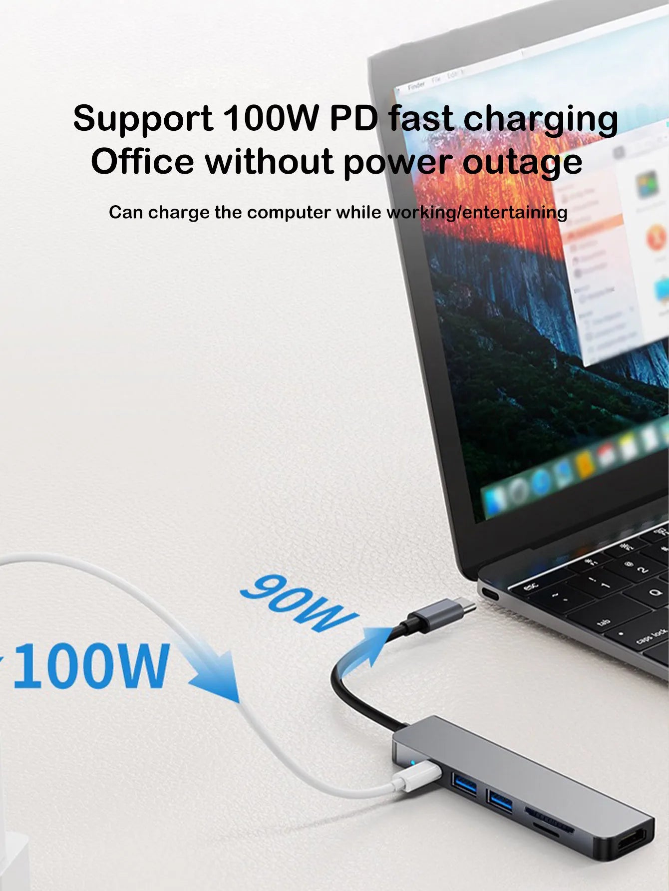 6 in 1 Type-C Docking Station, Support 100W PD Fast Charge, SD/TF Card Dual Card Slot, Portable Multi-Function Docking Station