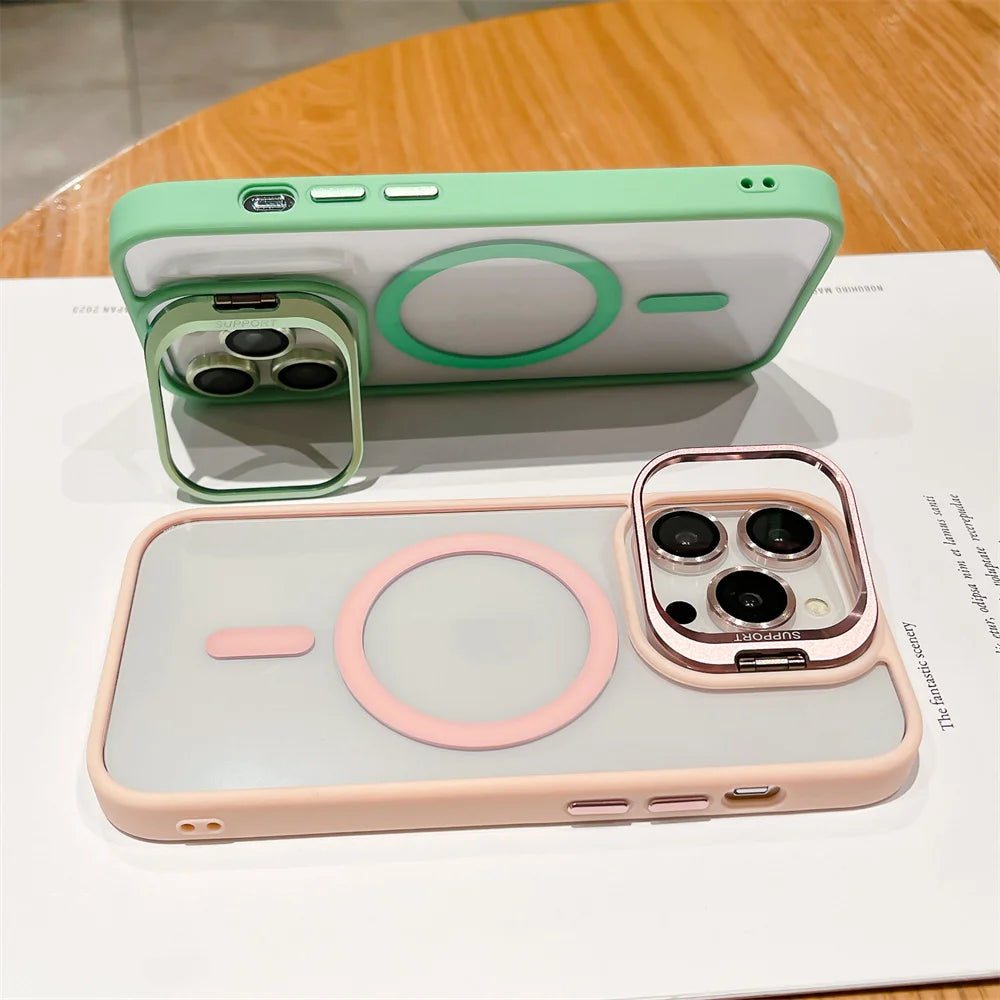 Luxury Magnetic Stand Glass Lens Protection Phone Case For iPhone 17 16 15 14 12 11 Pro Max Plus Magsafe Shockproof cover