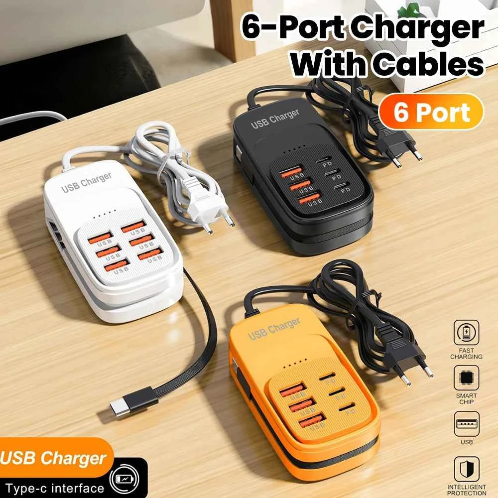 Fast USB Charger 6 in 1 Power Strip Desktop Charging Station Fast Charging Cord EU/UK/US Plug USB HUB Adapter Socket 3PD 3USB iphone charger
