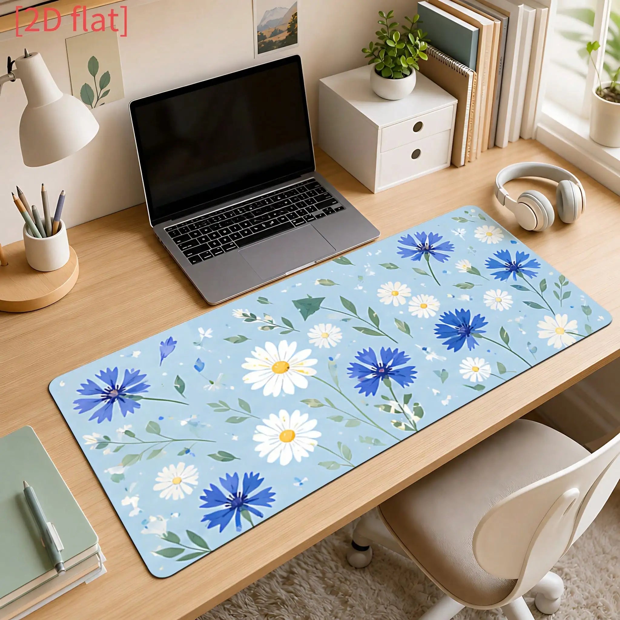 1pc Non-Slip Oval Mouse Pad Compatible For Office Desk, Computer Desk, Study Table - Blue & White Cornflower Daisy Minimalist Desk With Base & Suitable For