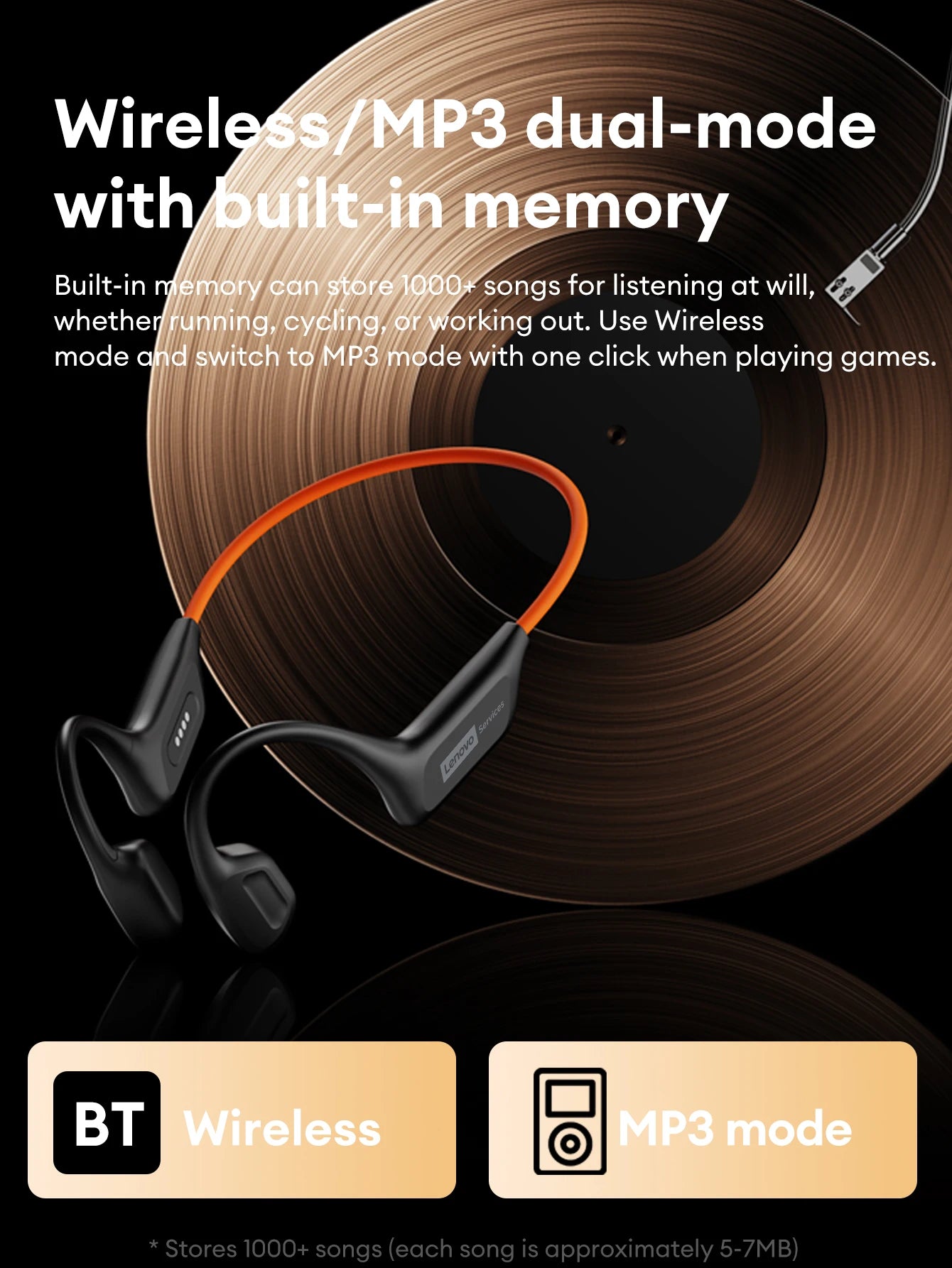Lenovo S106 IPX8 Waterproof Bone Conduction Earphone Bluetooth 6.0 Headphone MP3 Built-in 32GB Memory Wireless Sport Headset Mic