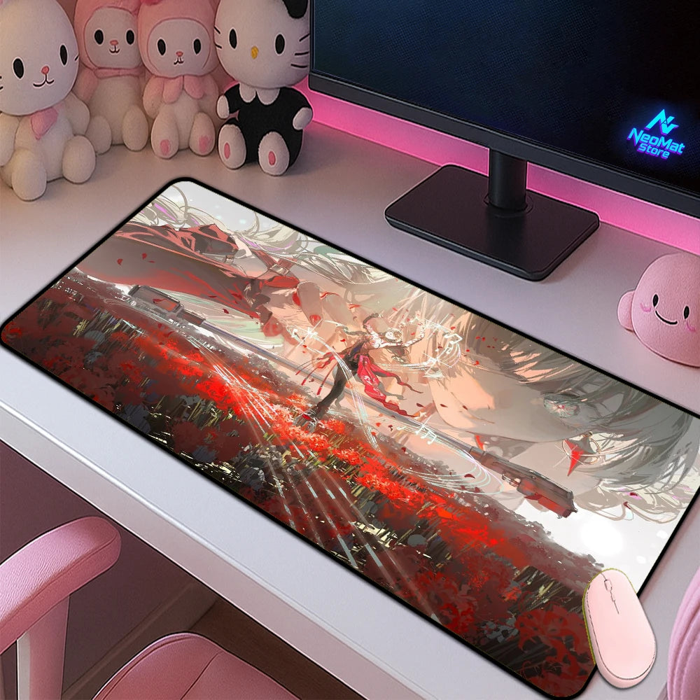 Japanese Anime Mouse Pad Gaming Desk Mat Rubber 90x40cm Red Floral Battle Scene Accessories Mousepads