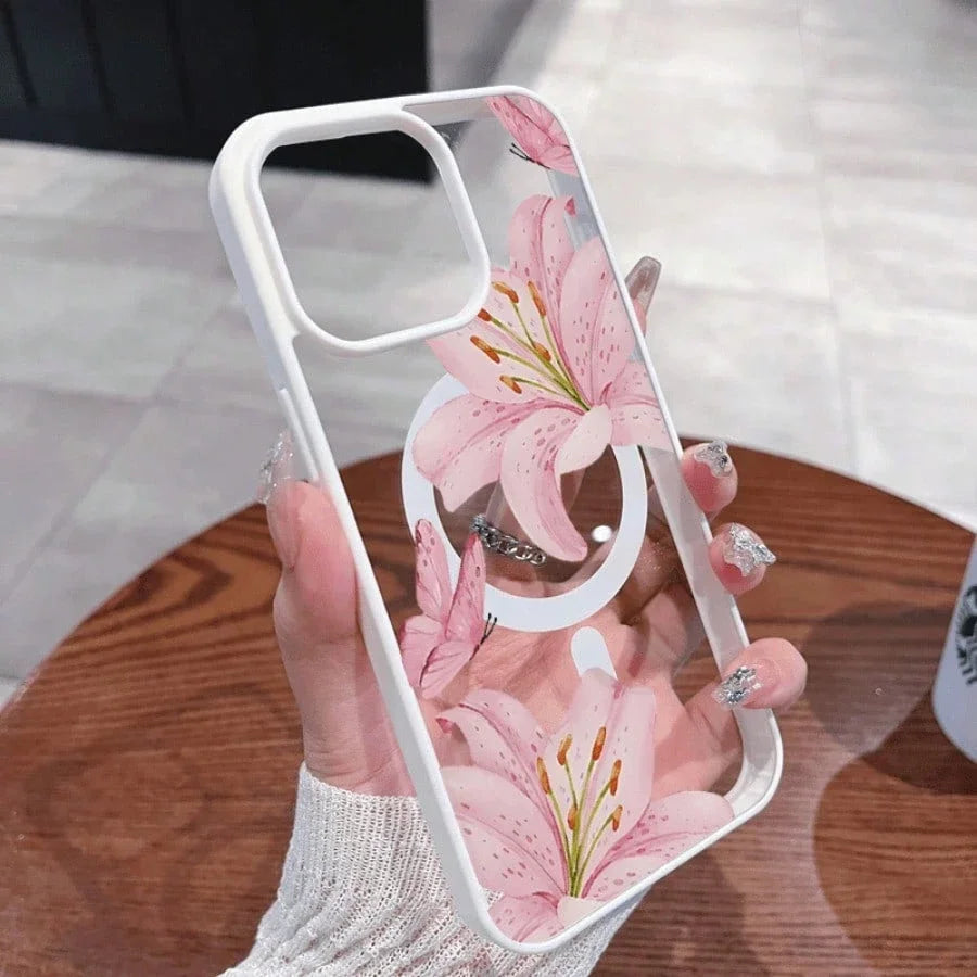 Pink Lily Magnetic Phone Case For iPhone 17 16 15 14 13 12 11Pro Max Plus It features a stylish pattern design