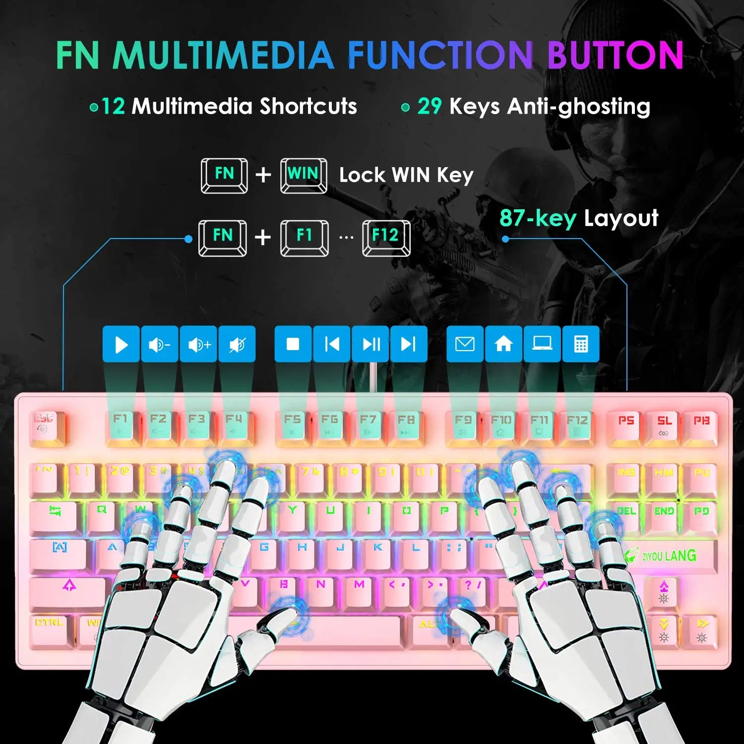 K2 Wired Mechanical Gaming Keyboard 82 Keys Rainbow Backlit Blue Switch Keyboard&Lightweight Gaming Honeycomb Mouse 6400DPI