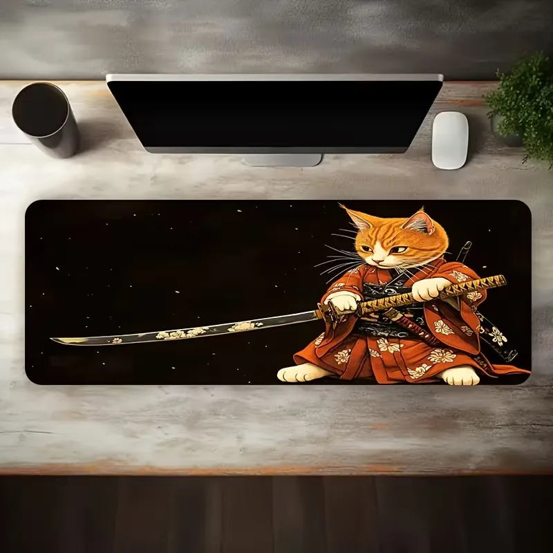 Japanese Samurai Art Mouse Pad, Traditional Calligraphy Pattern Non Slip Desk Mat Game Lovers Office Home Keyboard Desktop Decor