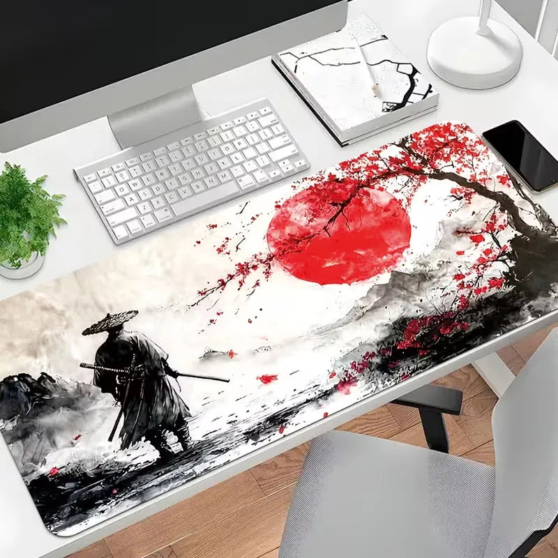 Japanese Samurai Art Mouse Pad, Traditional Calligraphy Pattern Non Slip Desk Mat Game Lovers Office Home Keyboard Desktop Decor